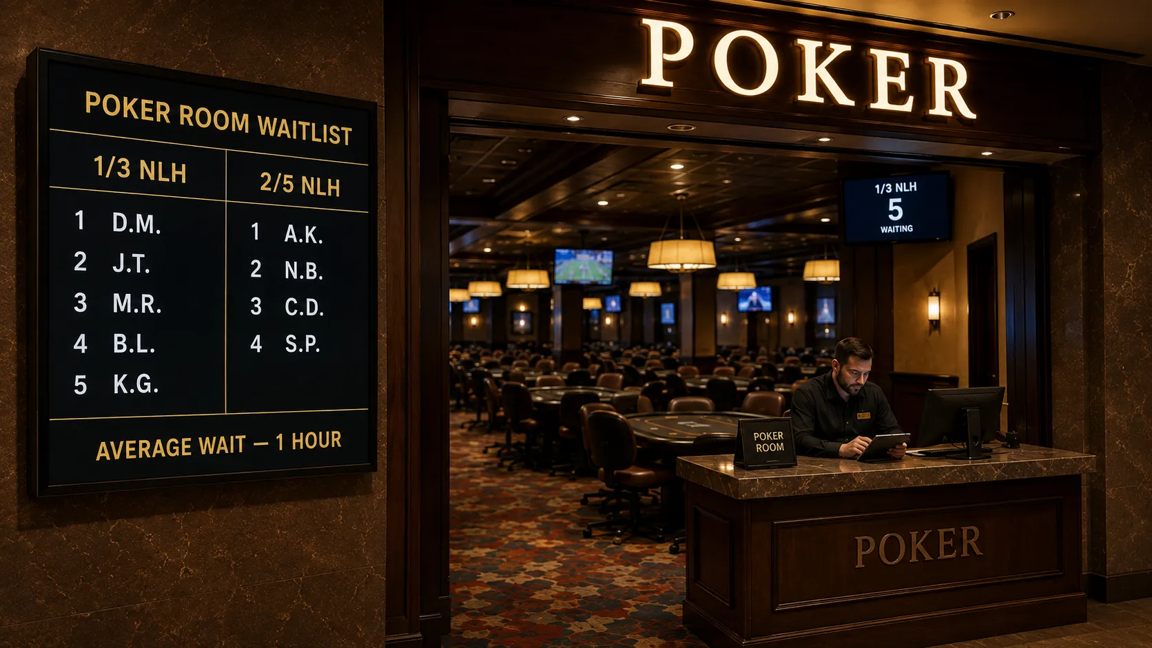 A casino poker room entrance with an illuminated waitlist board listing players by initials in two columns for 1/3 and 2/5 no-limit hold’em, showing an average wait of one hour.